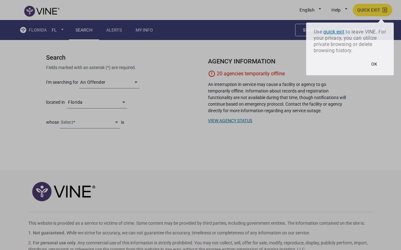 Florida VINELink state and county custody search interface