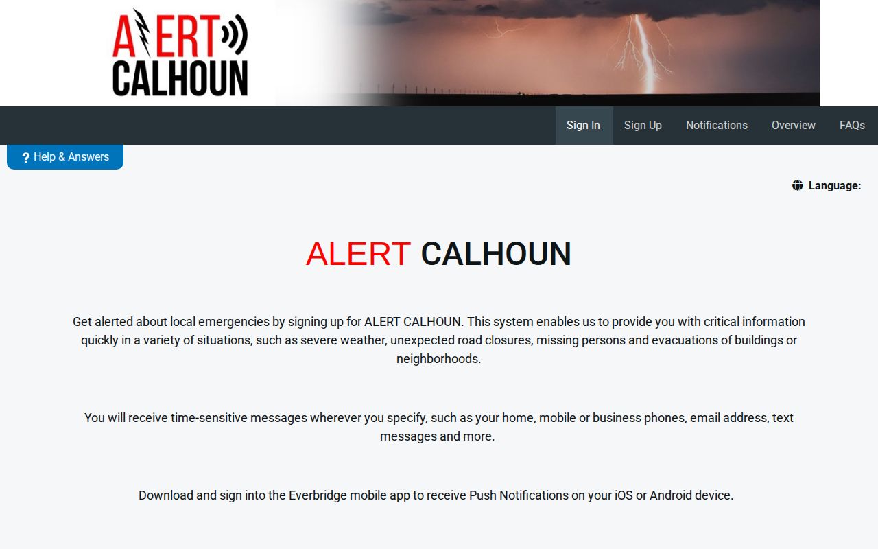 Alert Calhoun Everbridge registration page, which is not a booking feed